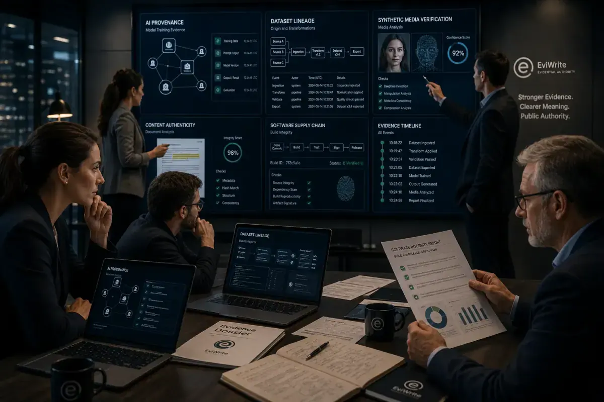 A dark institutional scene showing AI provenance, dataset lineage, media verification, and technical evidence panels.