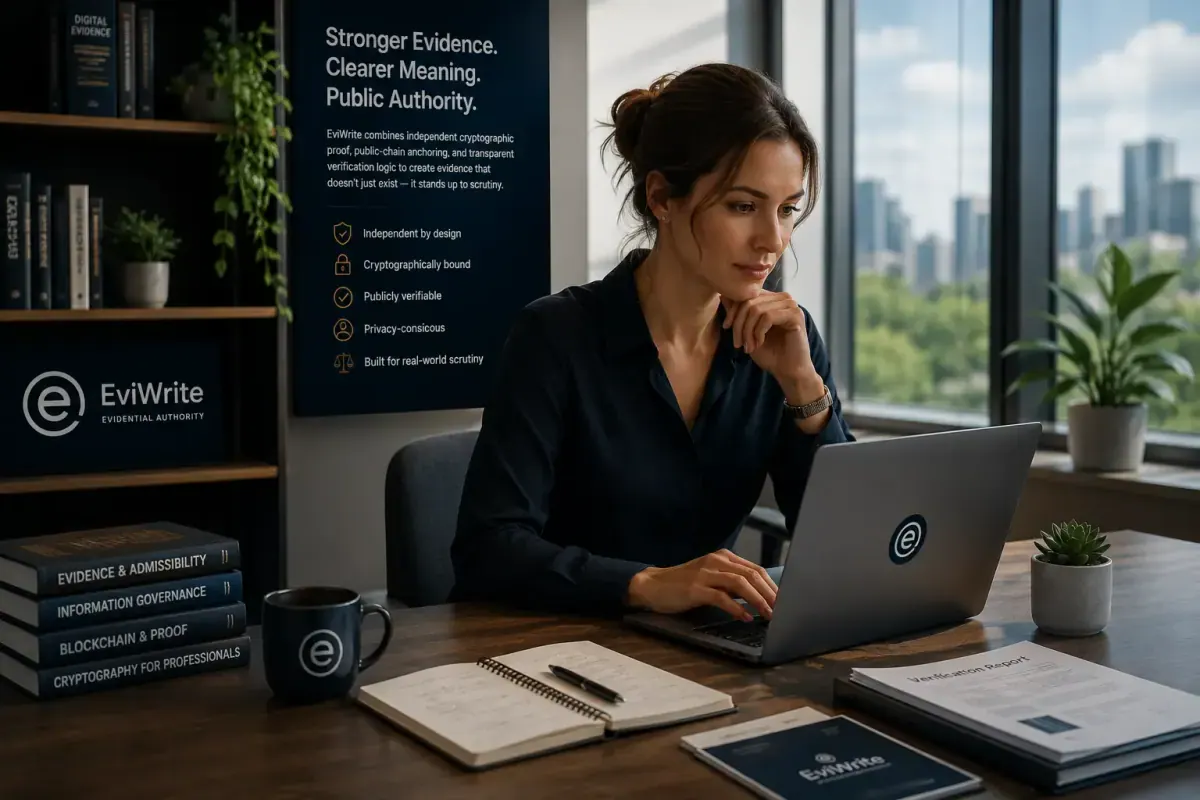 A serious evidential review scene showing digital files, documents, and verification panels under scrutiny.