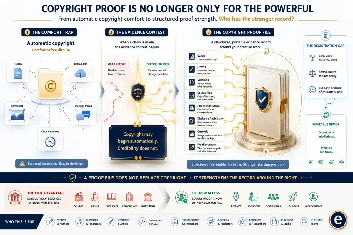 Infographic showing a Copyright Proof File connecting work, drafts, versions, source files, authorship context, custody, publication, IP evidence, and proof boundaries.
