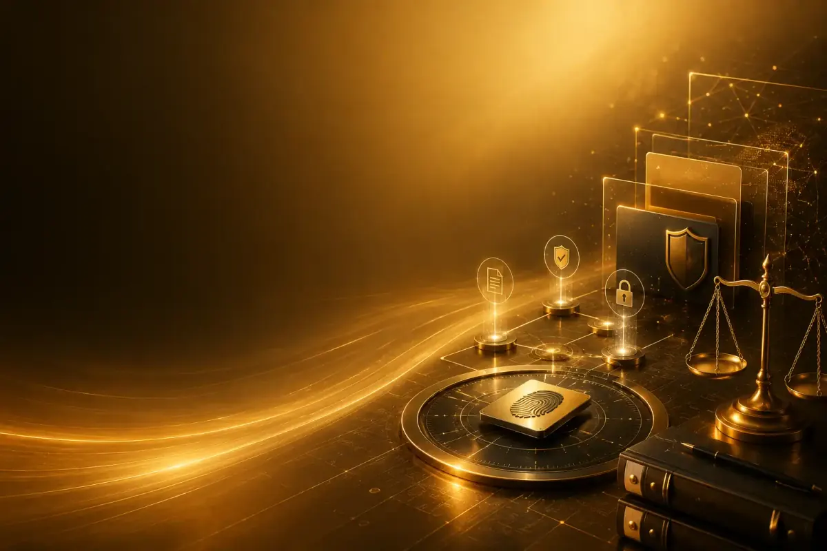 Abstract premium evidence archive with layered records and golden light.