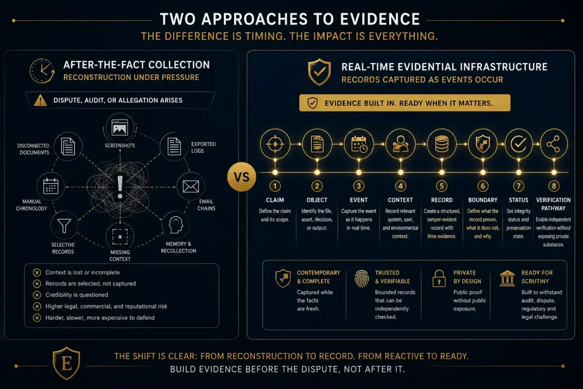 Infographic comparing after-the-fact evidence collection with real-time evidential infrastructure.