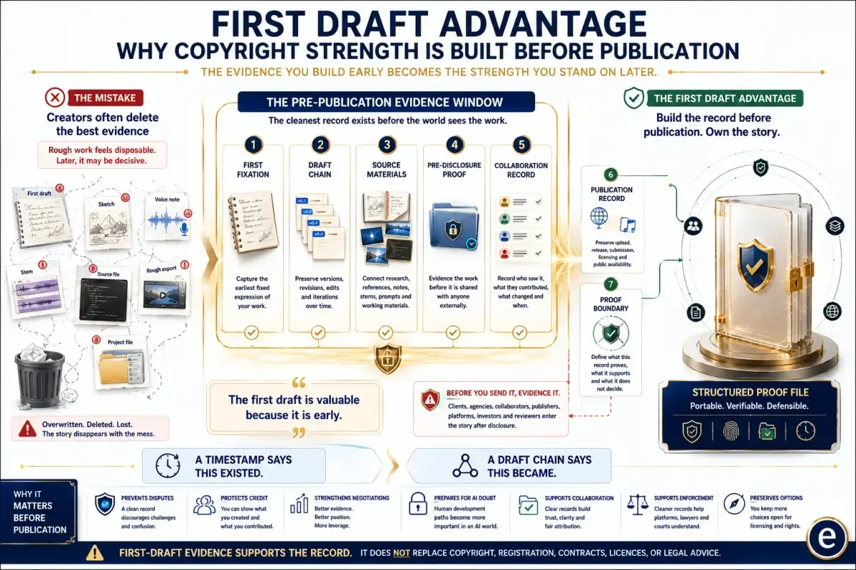 Infographic showing the First Draft Advantage from first fixation, draft chain, source materials, custody context, pre-disclosure proof, collaboration record, publication record, and proof boundary.