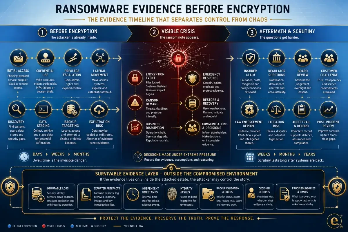 Infographic showing the ransomware evidence timeline from first access and dwell time to encryption, ransom demand, recovery, insurance claim, regulator question, public statement, and board accountability.