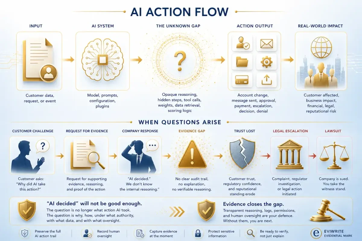 Infographic showing the AI action trail from trigger to model context, evidence source, tool use, authority, human checkpoint, outcome, reversibility, non-action, and verification boundary.