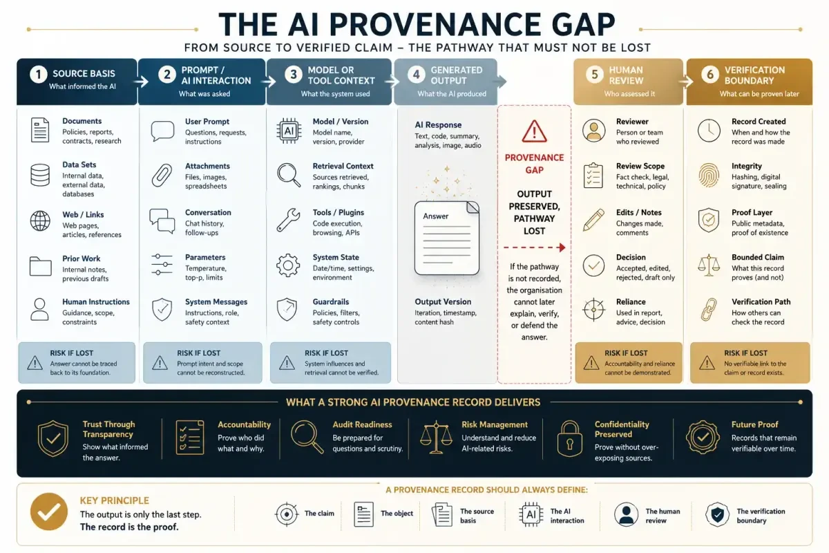 Infographic showing the AI provenance gap between source material, prompt context, model output, human review, final claim, and verification record.