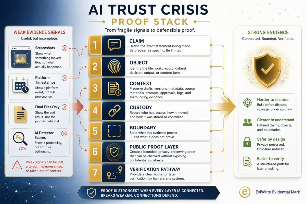 Infographic showing the AI trust crisis proof stack from claim to object, context, custody, boundary, public proof, and verification pathway.
