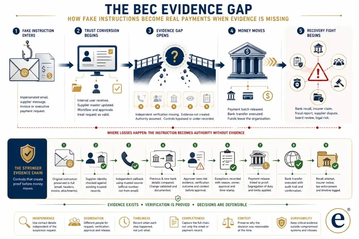 Infographic showing the evidence chain behind Business Email Compromise from impersonation to supplier change, approval, payment release, bank transfer, discovery, and recovery fight.
