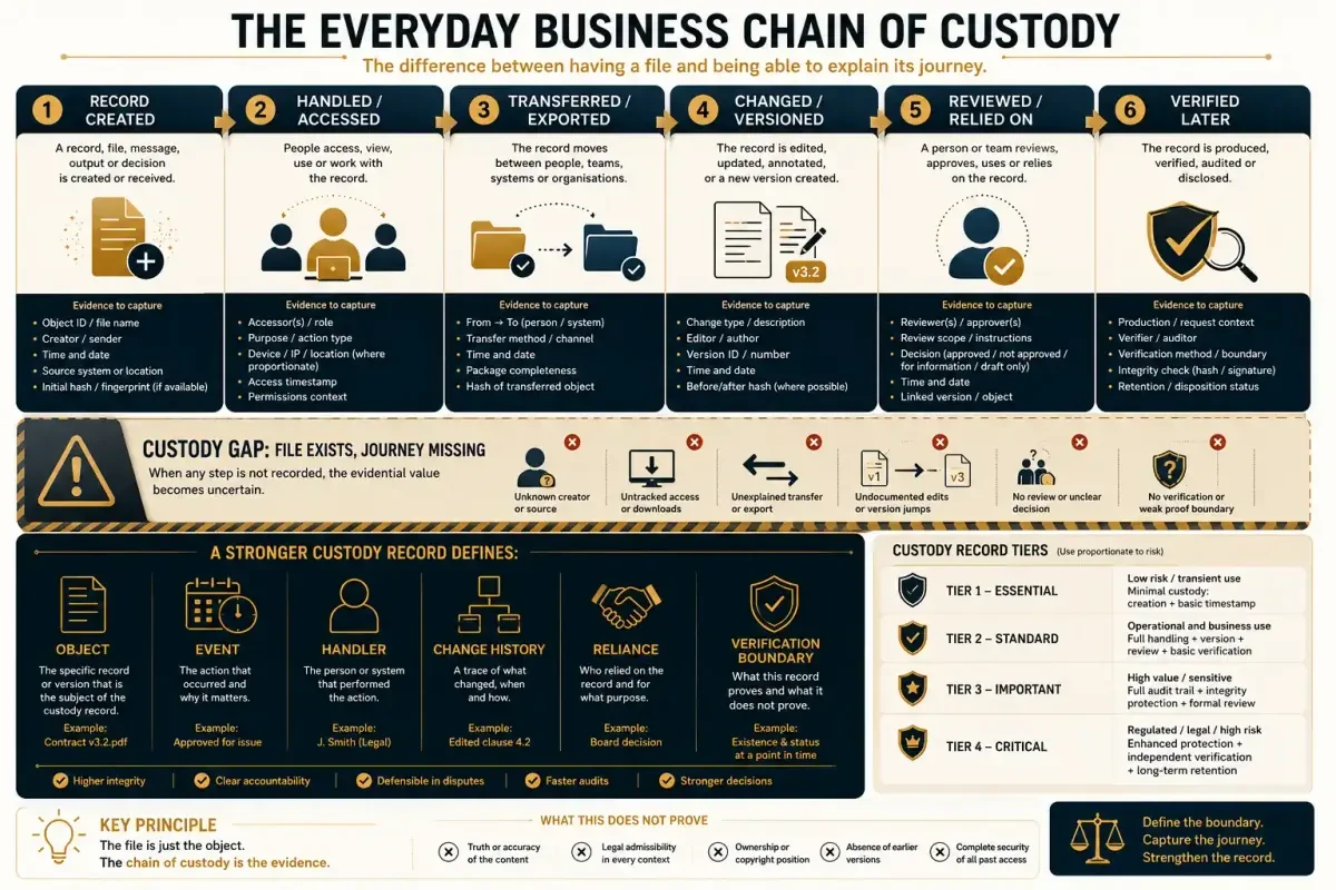 Infographic showing how business records lose evidential value when custody, access, transfer, change history, and verification boundaries are missing.