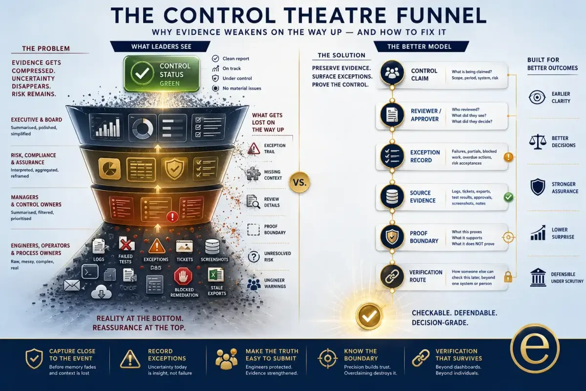 Infographic showing how control evidence weakens as it moves from engineers and operators through managers, risk teams, executives, auditors, and board reporting.