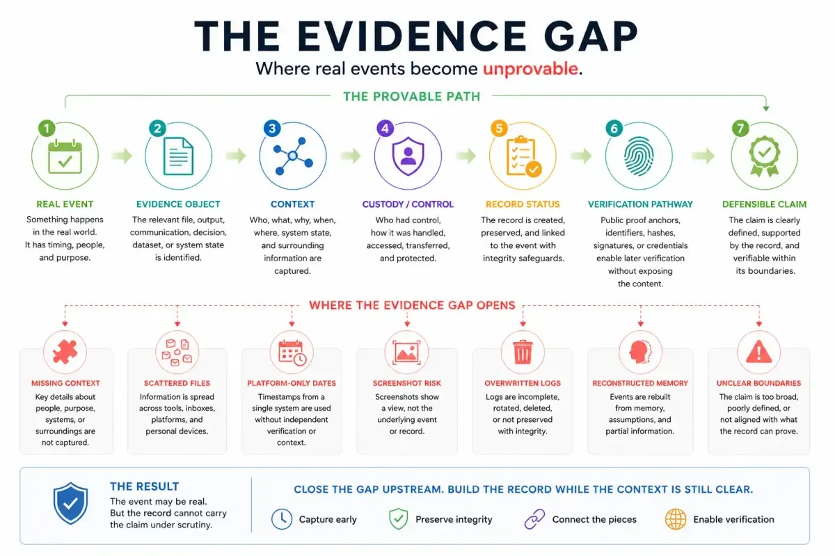 Infographic showing how a real event becomes unprovable when records, context, custody, and verification pathways are missing.