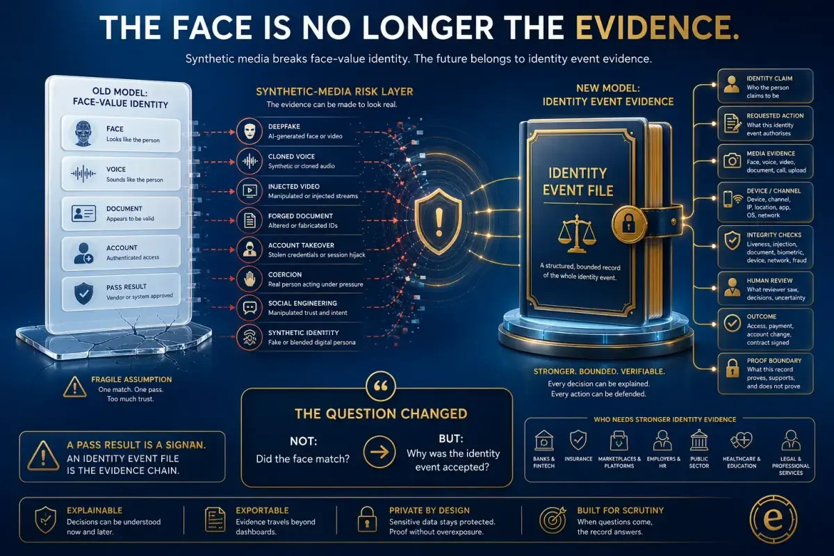 Infographic showing the shift from face-based identity verification to an identity event file covering claim, risk trigger, media, device, document, signal checks, human review, authorised action, and proof boundary.