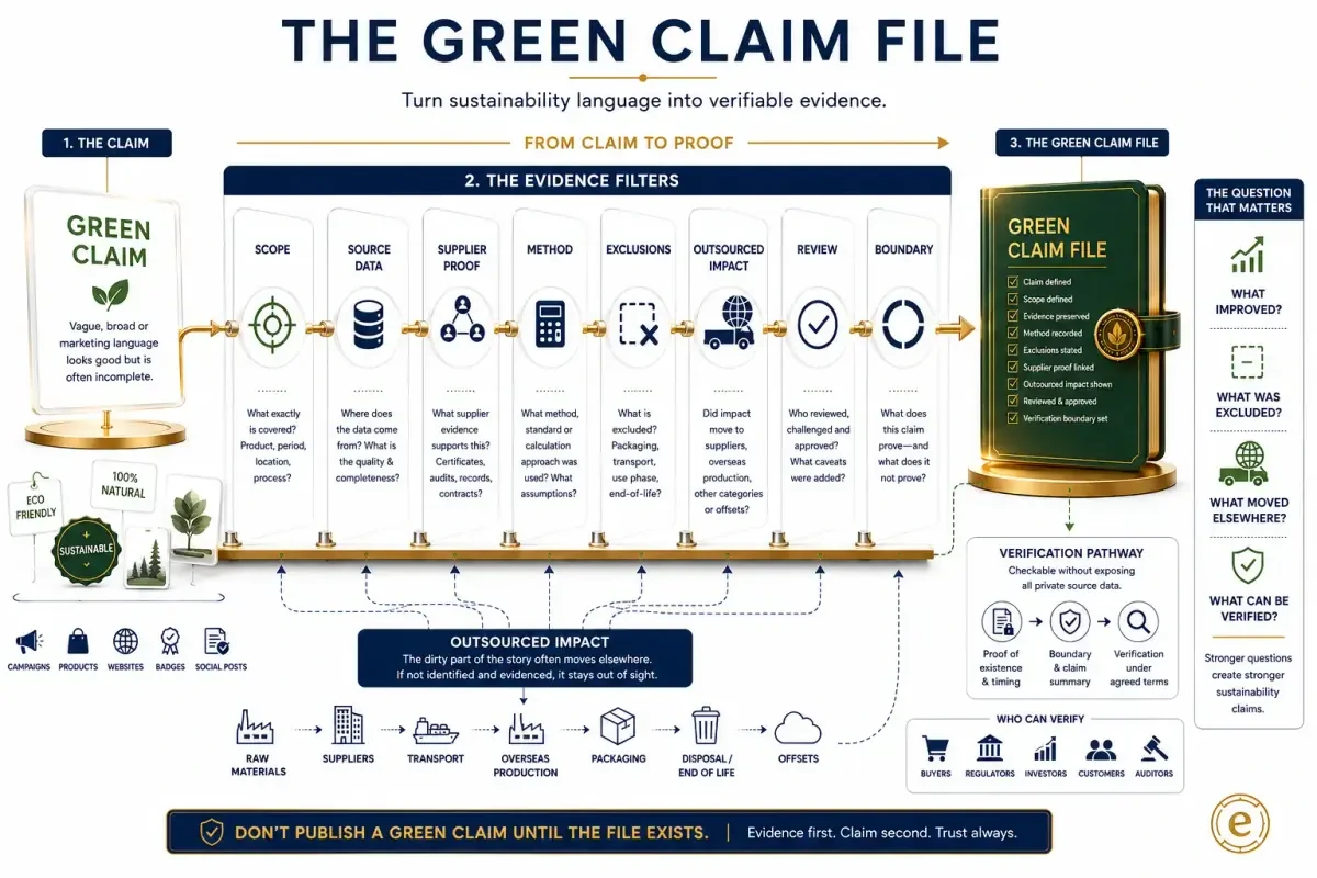Infographic showing the Green Claim File connecting a sustainability claim to source data, supplier evidence, methodology, exclusions, outsourced impact, approval, version history, and verification boundaries.