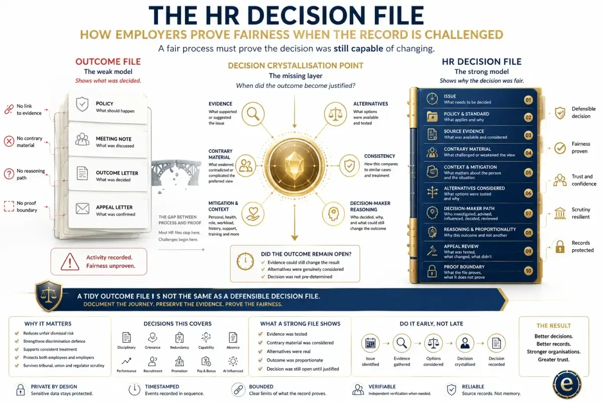 Infographic showing the HR Decision File from issue, policy, source evidence, contrary material, context, alternatives, decision crystallisation point, decision-maker path, digital influence, appeal testing, and proof boundary.