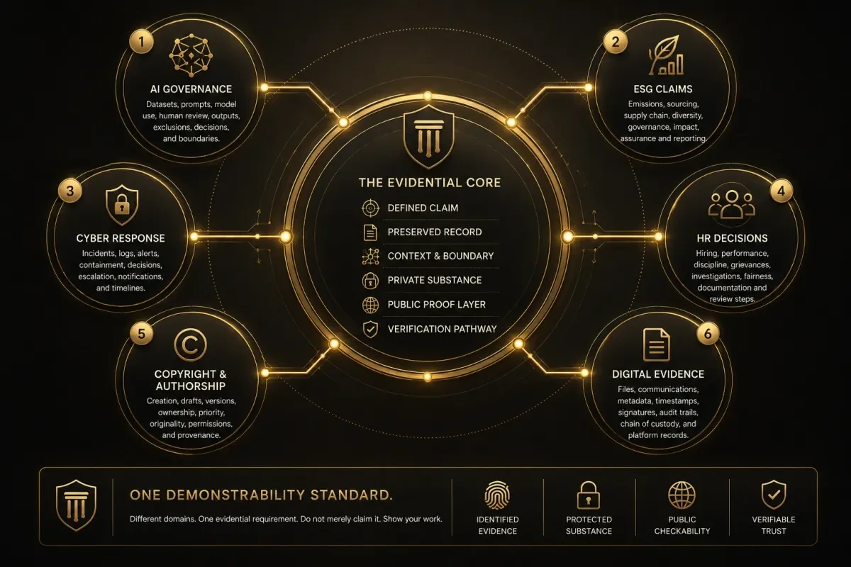 Infographic showing AI, ESG, cyber, HR, copyright, digital evidence, and commercial assurance converging into one demonstrability framework.