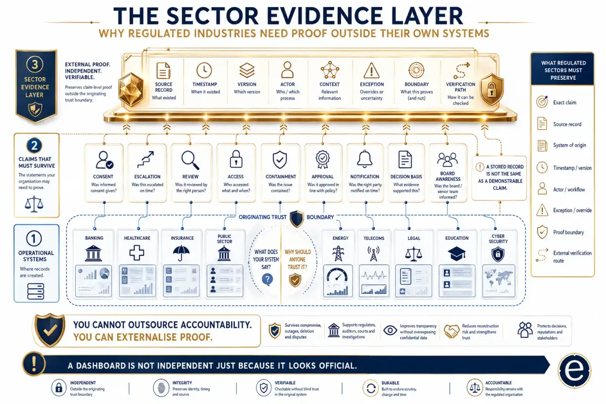 Infographic showing operational systems producing records, claims, evidence snapshots, evidential dependency risk, external proof, and verification pathways through a Sector Evidence Layer.
