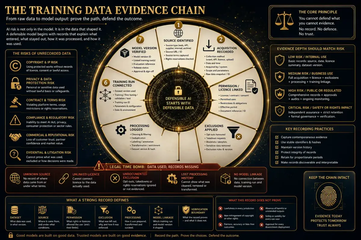 Infographic showing the evidential chain from data acquisition through permission, licence scope, rights reservations, exclusion, negative proof, processing, derivative artefacts, dataset versioning, training run, model version, commercial reliance, indemnity boundary, and verification boundary.