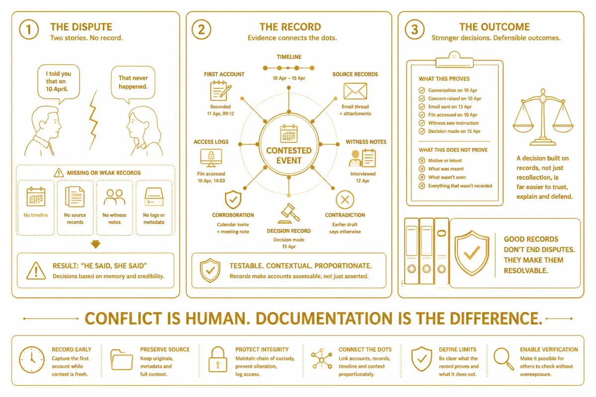 Infographic showing how conflicting accounts can be resolved through first accounts, timelines, source records, corroboration, contradiction, record advantage analysis, evidential silence, narrative capture control, digital logs, decision records, and proof boundaries.