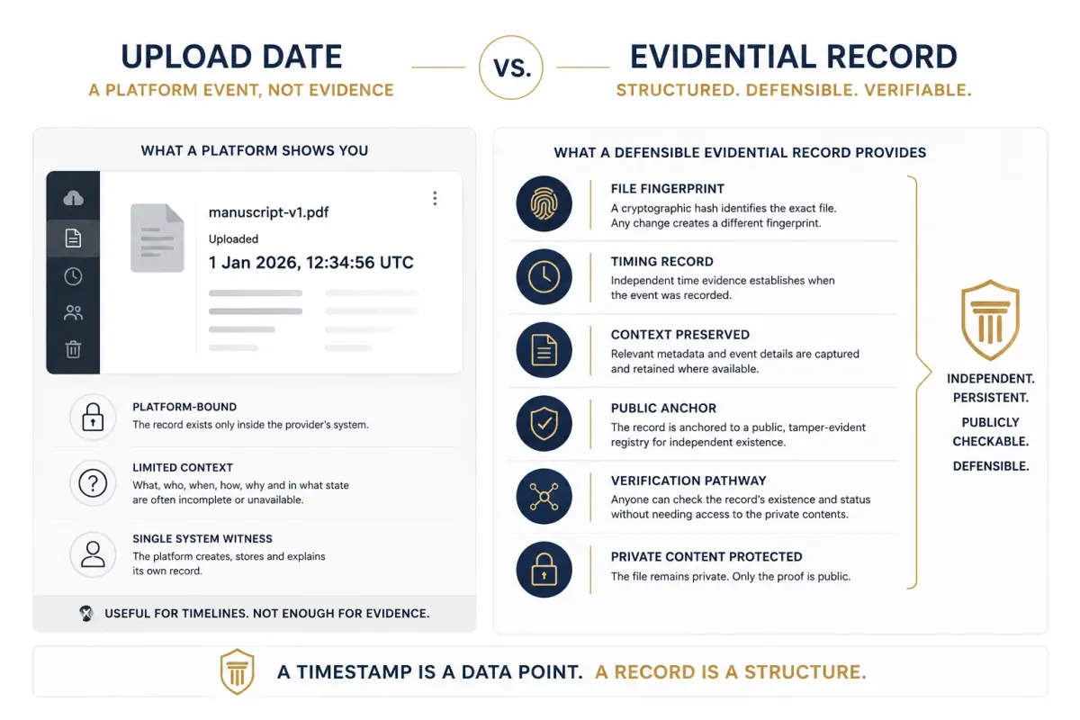 Infographic showing the difference between a platform upload date and a structured evidential record with object, event, actor, integrity marker, claim boundary, preservation context, and verification pathway.